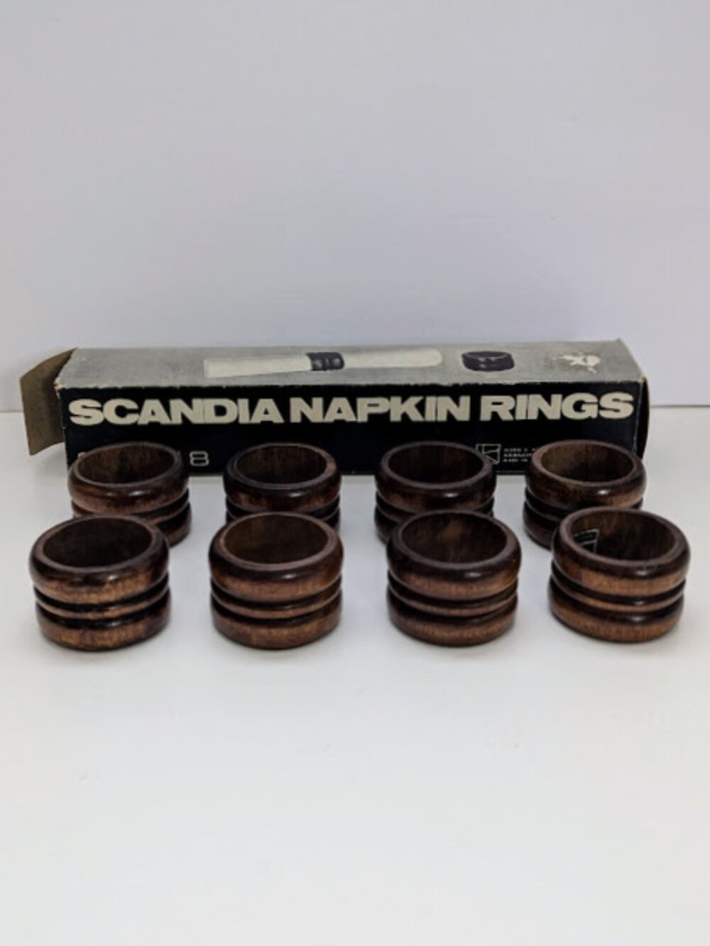 Vintage Scandia Wooden Napkin Rings Set of 8 with Box Alfred Knobler